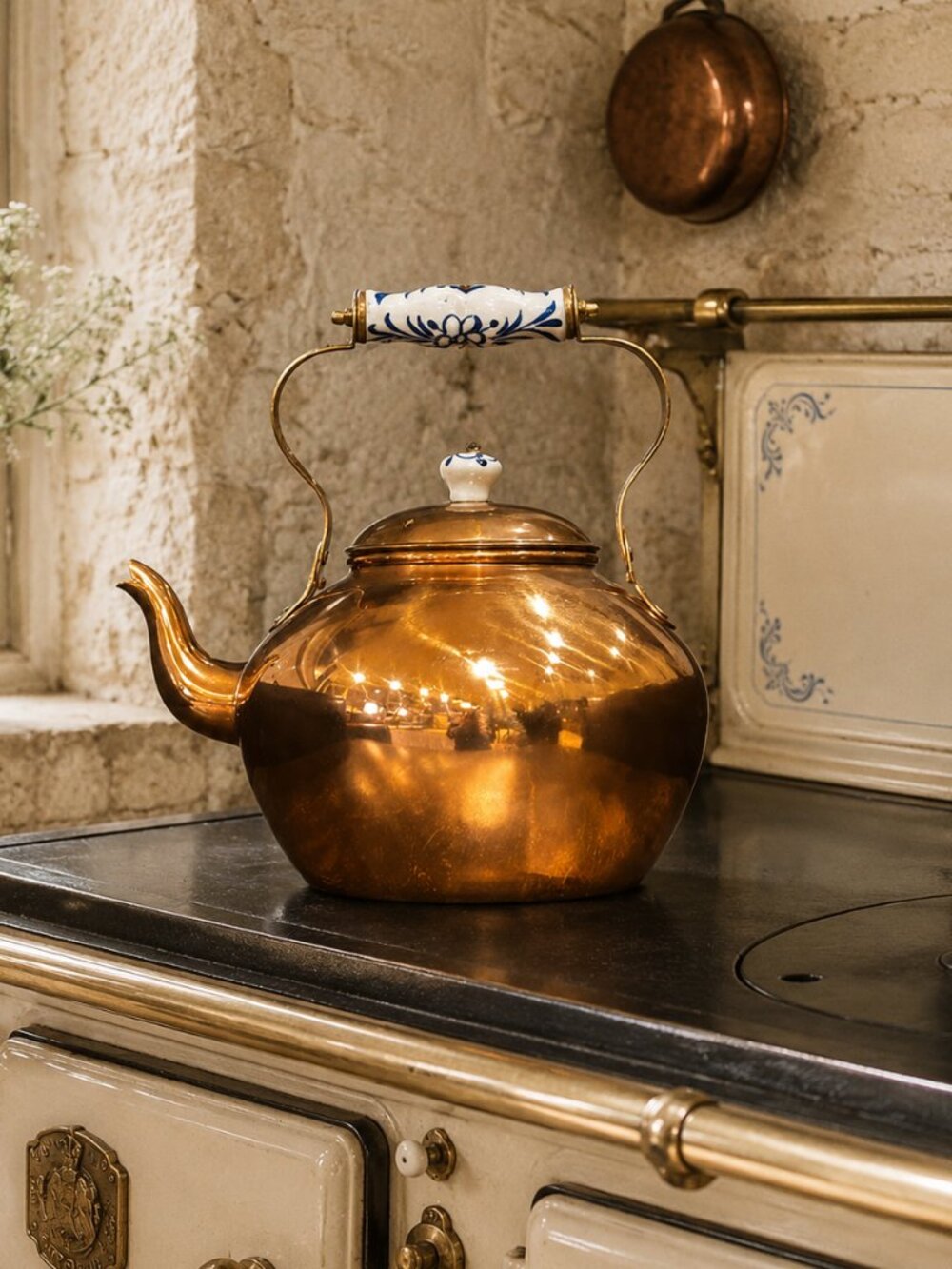Vintage Solid Copper Tea Kettle With Blue White Matching Floral Knob and Handle